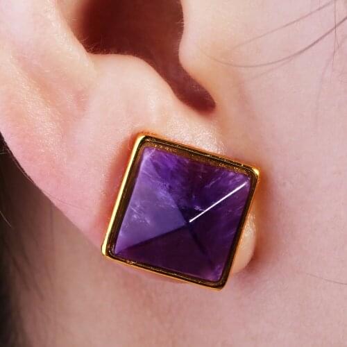 TUMBEELLUWA Healing Crystal Pyramid Stone Stud Earrings 14mm Gold Plated