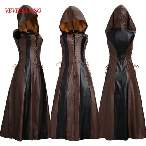 VEVEFUANG Women Fashion Sexy Slim Lace Up Leather Medieval Ranger Long Dress Adult Coats Cosplay Disfraz Mujer Costume Halloween