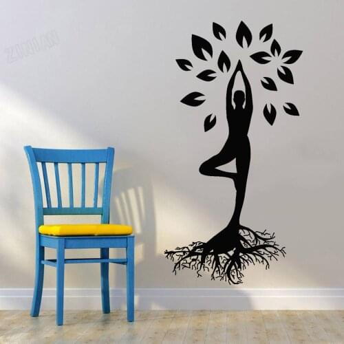 Girl Tree Leaves Roots Vinyl Wall Decal Yoga Classroom Meditation Relax Wall Stickers For Fitness Centre Bedroom Decoration Y175