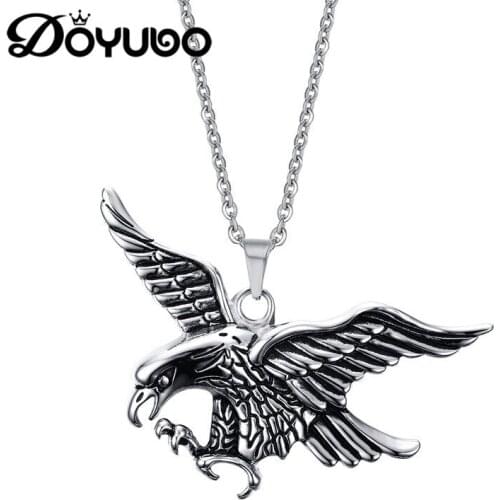 DOYUBO Vintage Mens Stainless Steel Eagle Charms Necklace Cool Design Male Fashion Animal Pendant Necklaces Fine Jewelry DC024