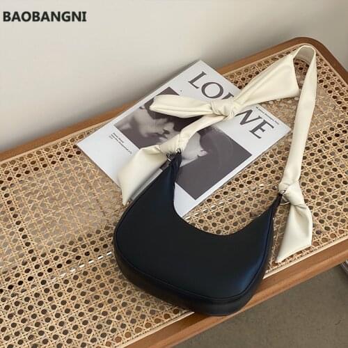 Woman New Black Color Bow Single Strap Zipper Half Moon PU Leather Shoulder Bag Handbag All Match