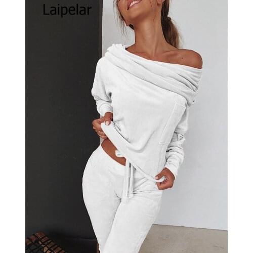 Sweatshirt Women 2 Pieces Set Tracksuit Autumn One Shoulder Sweatshirt Pants Sets Sport Wear Tracksuit Velvet Lounge Suit