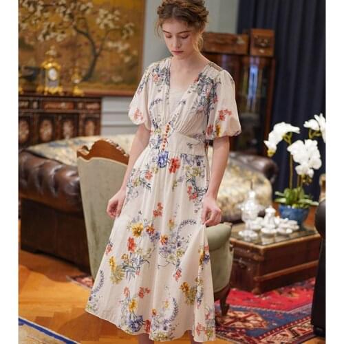 2020 Summer Women Elegant Slim Vintage Floral Cotton Ladies Sweet Rustic Mori Girls Casual Loose Long Dress New