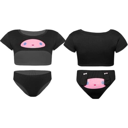 Womens Cartoon Printed Lingerie Exotic Sets Two-Piece Sleepwear Nightwear Cosplay Short Sleeve Crop Top with Briefs Panties