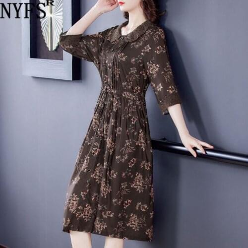 NYFS 2021 New Spring Autumn Vintage Woman Dress Vestido de mujer Robe Elbise Three Quarter Sleeve Floral Dresses