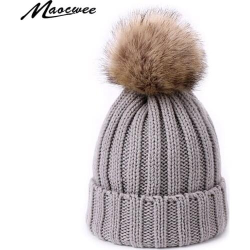 Winter Knitted Beanie Hat With Faux Fur Pompons For Women Children Winter Outdor Crochet Wool Hat Girls and Boys Cap Gorro Bonne