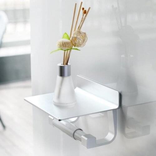 Aluminum Toilet Paper Punch Free Holder with Phone Shelf Wall Mounted, Bathroom Accessories Tissues Roll Dispenser