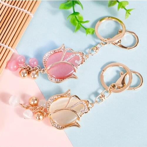 Exquisite Plant Series Crystal Keyring Ornaments Opal Tulip Shaped Flower Alloy Keychain Bag Car Pendant Trinket Jewelry Gift