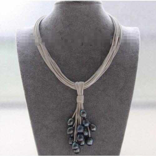 Choker 16" 15row 14mm peacock black pearls white leather Pendant necklace Noble style