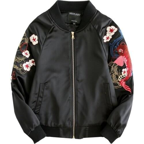 Luxury Flowers And Birds Carp Embroidered Jackets Smooth Satin Spring Autumn Women Loose Baseball Coats