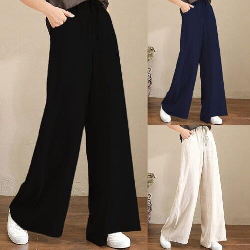 Vogue Women Pants Summer Breathable Wide Leg Pants Casual Solid Color Drawstring Cotton Linen Loose Pants Pocket штаны Plus Size