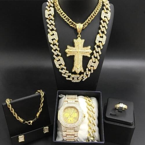 Hip Hop Men Gold Color Neckalce Chain Luxury Men Gold Color Watch & Neckalce & Braclete & Ring & Earrings Ice Out Cuban For Men