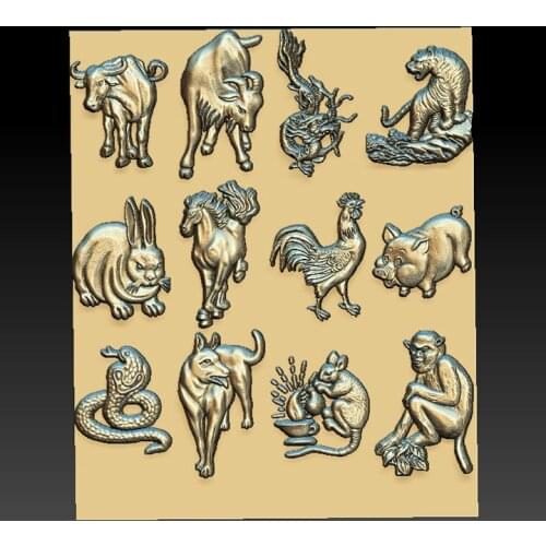 New 12 zodiac animals STL relief 3d Model for CNC Router 3D Printer Artcam Aspire Bas Relief