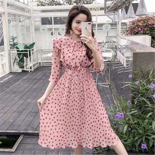 2020 New Vintage 3/4 Sleeve Chiffon Dress Spring Summer Ruffled Bow Wave Point Summer Women Pleated Dress Feminino Vestidos X593