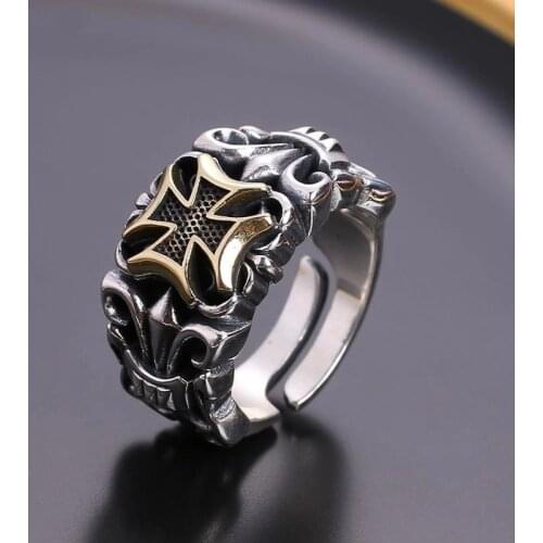 RetroSen Vintage 925 Sterling Silver Cross MenS Live Mouth Personality Fashion Trend Adjustable Ring