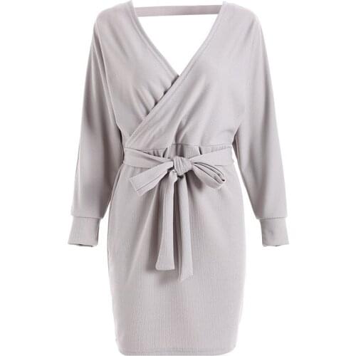 New Womens Winter Long Sleeve Solid Wrap Dress Ladies Autumn V Neck Knitted BodyCon Mini Dresses Casual Street Party Sexy Dress