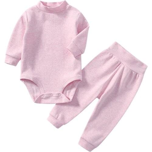 Solid Cotton2PCS Bodysuits+Pants Unisex Pajamas Sets Thermal Underwear Turtleneck Baby Girl Boy Clothes Full Sleeve Striped