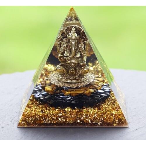 Ganesha Orgone Pyramid With Copper Shavings Tiger Eye Crystals Energy Generator For Meditation Reiki Balancing