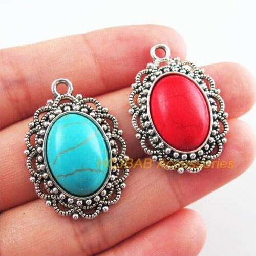 6Pcs Retro Tibetan Silver Tone Oval Flower Blue&Red Stone Charms Pendants 22x31.5mm