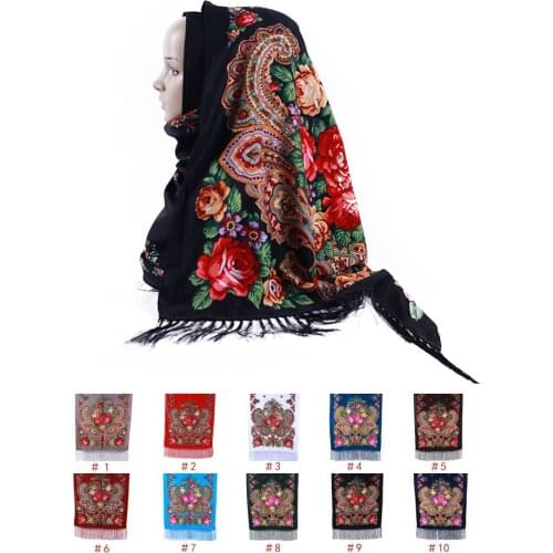 Russian Style Twill Cotton Fringe Pashmina Shawl Print Floral Retro Maxi Scarf Wraps Warm Muslim Hijabs Headscarf Islam Headwear