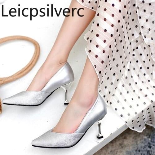 Pumps Spring and autumn The New fashion Pointed Shallow mouth Sequin Fine heel mid heel Womens shoes plus size 30-48