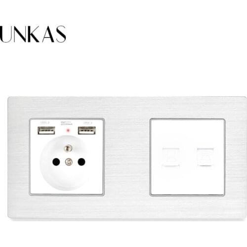 UNKAS French White Aluminum Metal Panel Socket RJ11 Telephone Jack With RJ45 Data Computer Internet Connector Wall Socket