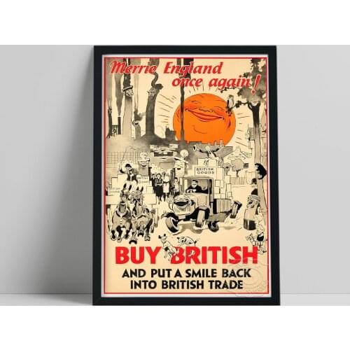 Vintage British Advertising Poster, Merrie England Once Again Caricature Prints Poster, Smile Red Sun Canvas Painting Wall Decor