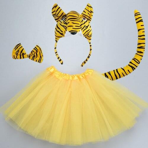 Women Girl Kids Animal Ear Headband Tail Tie Skirt Tutu Jungle Tiger Costume Cosplay Props Birthday Party Carnival Christmas