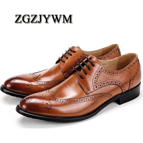 ZGZJYWM New Breathable Black Carved Loafers Mens Dress Genuine Leather Lace-Up Pointed Toe Wedding Mens Office Business Shoes