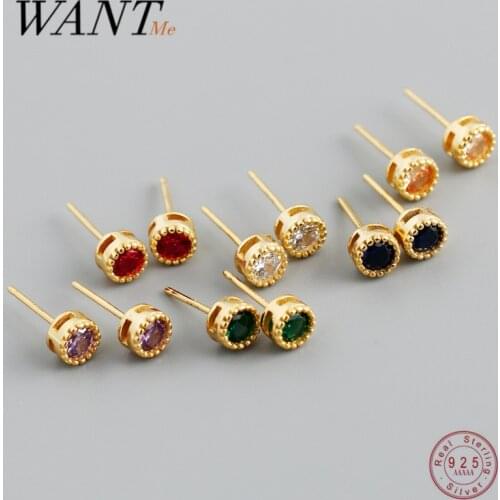 WANTME 925 Sterling Silver Simple Color Lace Zircon Round Small Stud Earrings for Women European Charm Piercing Gold Jewelry