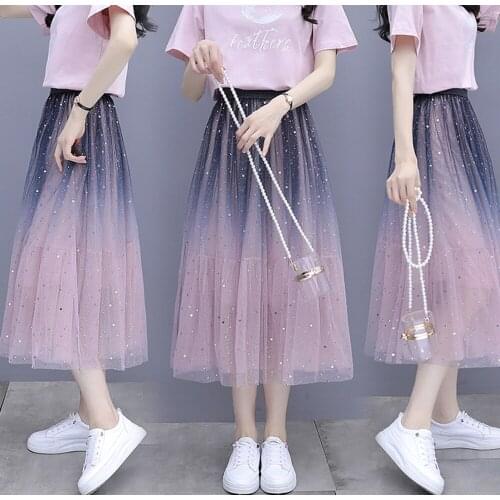 Womens Summer Dress Suit 2021 Fashion Short Sleeve Letter Print T Shirt+Tie Dye Color Contrast Polka Dot Skirt Two Piece Set