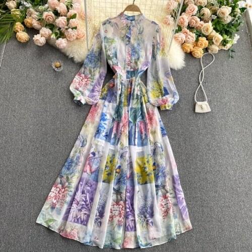 New Spring Autumn Fashion Floral Print Maxi Long Dress Women Korean O Neck Puff Sleeve Bohemian Vacation A-line Dresses