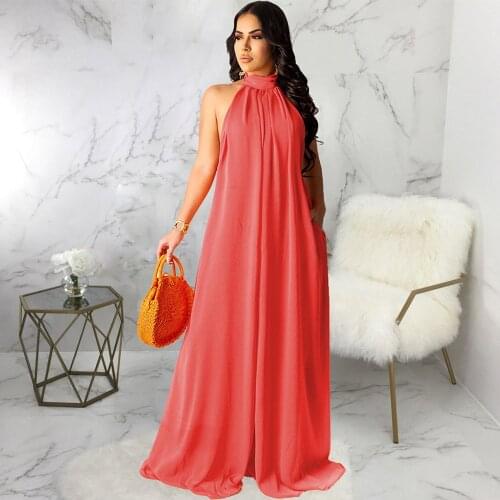 Off The Shoulder Solid Halter Backless Boho Dress Women Pleated Chiffon Floor Length Vestidos Summer Female Birthday Clothing