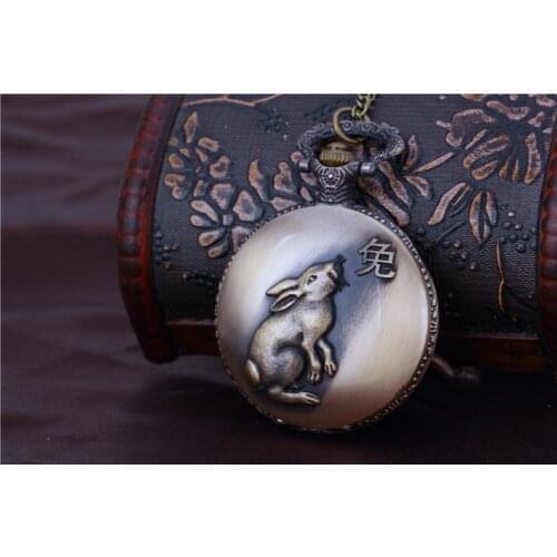 0 Rabbit Zodiac Embossed Pocket Watch Retro Chinese Bronze Design Casual Men Women Quartz Chain Unique Zodiac Fob
