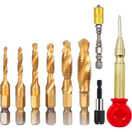 9Pcs Titanium Coated HSS Spiral Flute Metric Taps Set Tap Bits 1/4Inch Hex Shank Screw Taps Tool Set(M3 M4 M5 M6 M8 M10) CNIM Ho