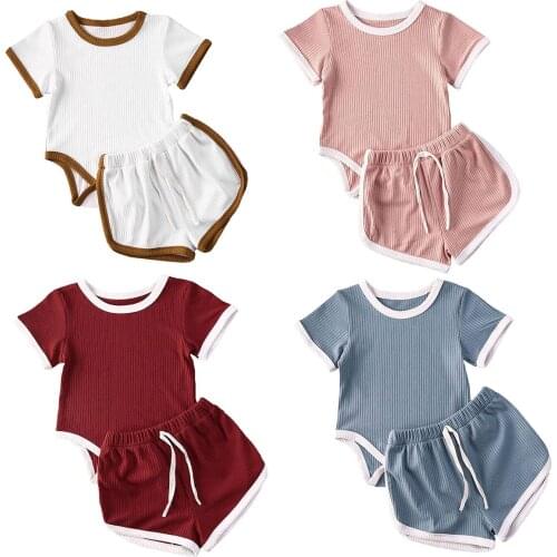Summer Toddler Baby Boy Girls Clothes Short Sleeve Bodysuits Tops+Short Pants Infant Baby Casual Ribbed Knitted Outfits Clothing