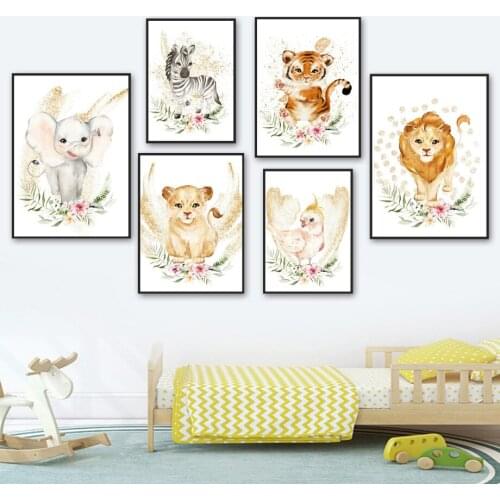 Bloom Flower Elephant Zebra Lion Tiger Parrot Nursery Wall Art Print Canvas Painting Nordic Poster Decor Pictures Baby Girl Room