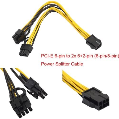 2pcs PCI-E 6-pin to 2x 6+2-pin (6-pin/8-pin) Power Splitter Cable PCIE PCI Express Graphics Card 6P To 8Pin Extension Cable