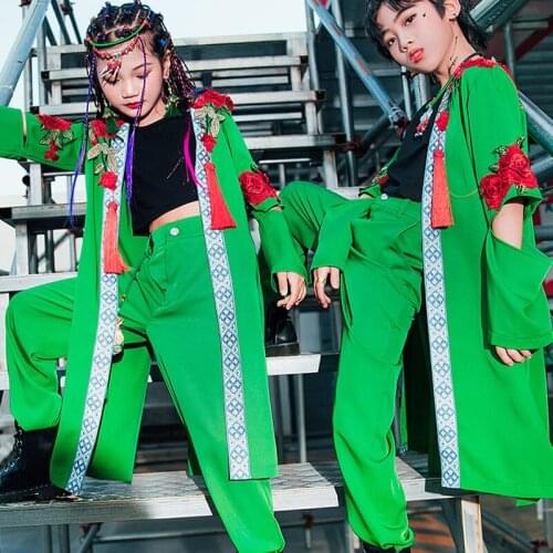 Boys Girls Children Street Dance HipHop Costume Chinese Folk Dance Green Suit Jazz Dancwear Fashion Catwalk Show Outfits