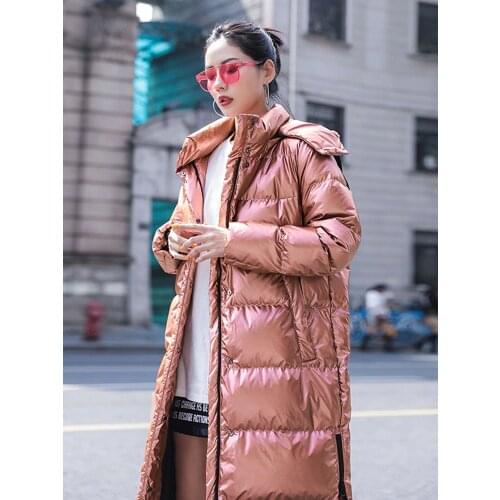 Shiny Winter Jacket Women Long Hooded Loose Outwear Korean Fashion Glossy Plus Size Puffer Jackets Down Padded Coats Ladies Coat