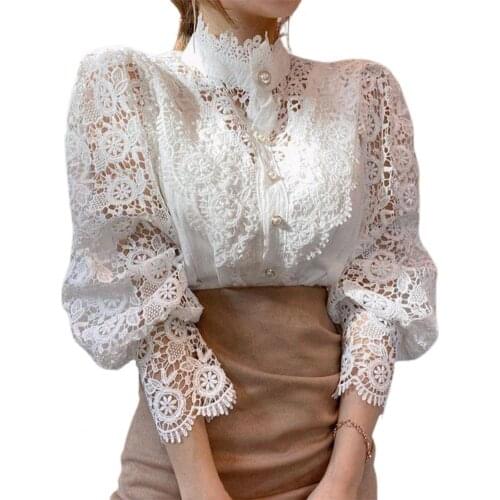 Summer Women Shirt Sexy Lace Hollow Out Stand Collar Petal Sleeve Blouse hollow out lace beautiful Women Shirt blusas y camisas