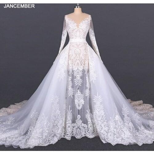 LSDZ26 JANCEMBER Sesy White Illusion Attractive V-Neck Long Sleeve Button With Back Wedding Dress 2020 For Woman A-Line