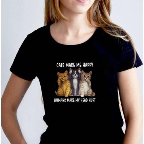 Fashion Casual Tee Shirt Femme Creativity Cats Make Me Happy Print T Shirt Women Tops Summer Short Sleeve Tshirt Camiseta Mujer