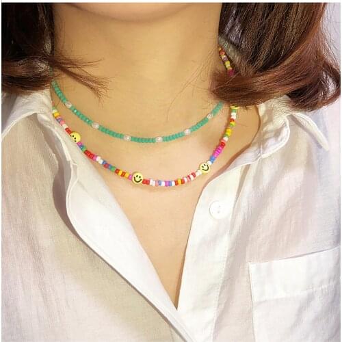 New Korean Ethnic Colorful Resin Beaded Choker Necklace For Women Sweet Girls Smile Face Beads Necklace Jewelry Gift 2021 Summer