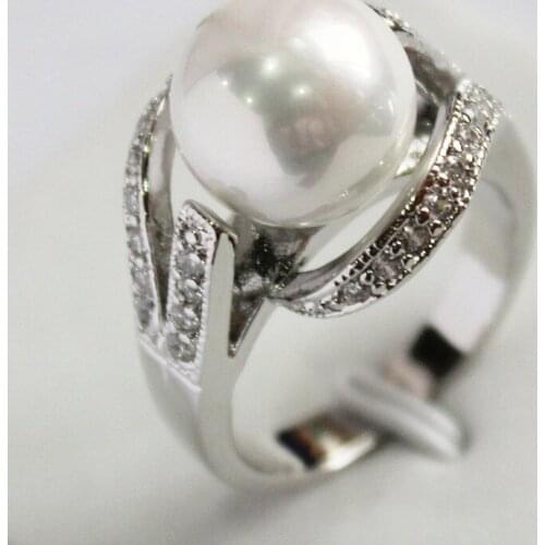 New Style White 12MM Bead silver-color Inlay CZ South Sea Shell Pearl Gift Fashion Rings For Women