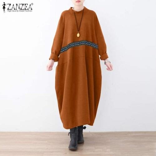 ZANZEA Patchwork Long Sleeves Midi Robe Womens Autumn Sweatshirt Dress Lady Casual Solid Vestidos O Neck Sundress Oversized