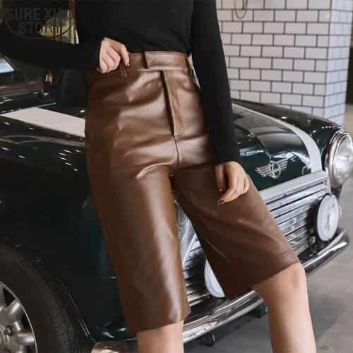 Plus Size British Style Autumn Womens PU Leather Short High Waist Motor Five Point Trouser Casual Straight Overalls 11334