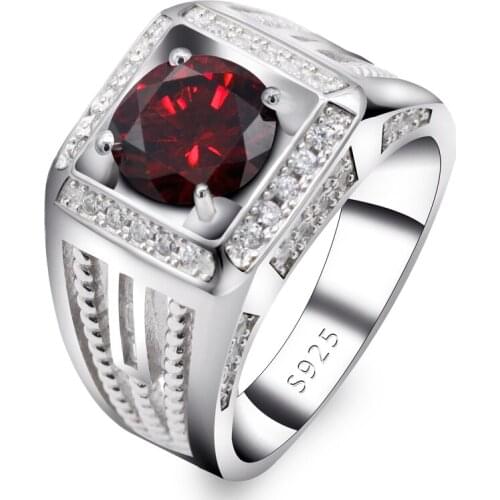 Real 925 Sterling Silver Wedding Engagement Ring for Men Women Hollow Design with Red CZ Stone Simple Rings Couple Jewelry Gift