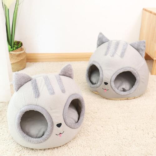 Removable Cat Bed Warm Pet Cat House Cave Winter Kitten Dog Cushion Mat Cat Head Shaped Cats House Kennel Nest Indoor Winter