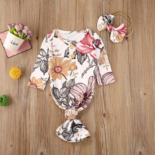 0-6M Newborn Infant Baby Girls Boys Sleeping Bags Headband 2pcs Flowers Print Long Sleeve Cotton Sleepwear
